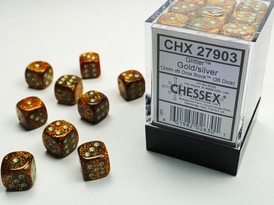 Glitter 36 * D6 Gold / Silver 12mm Chessex Dice (CHX27903)