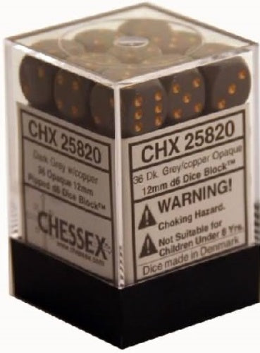 Opaque 36 * D6 Dark Grey / Copper 12mm Chessex Dice (CHX25820)