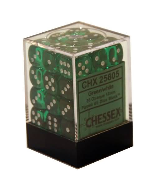 Translucent 36 * D6 Green / White 12mm Chessex Dice (CHX23805)