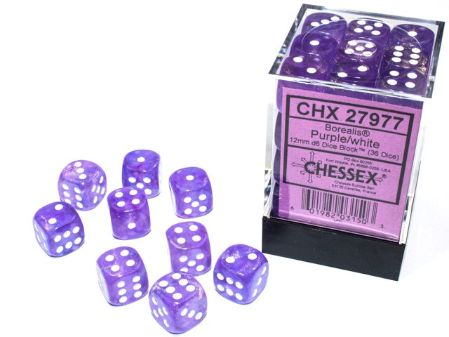 Borealis 36 * D6 Purple / White 12mm Luminary Chessex Dice (CHX27977)