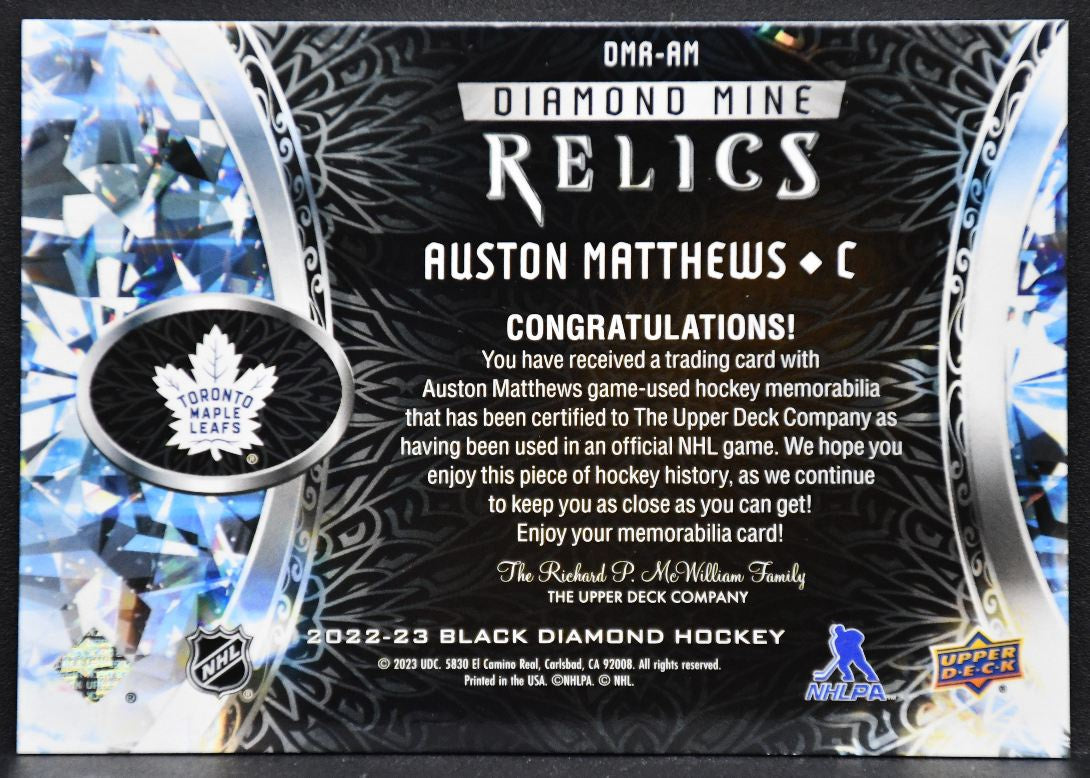 22-23 UD Black Diamond Mine Relics Auston Matthews DMR-AM Maple Leafs Jersey 2639