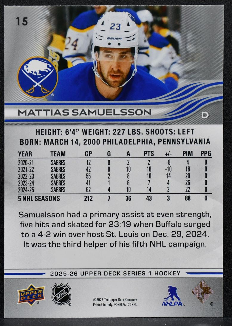 2025-26 UD Series 1 UD Exclusives Mattias Samuelsson 15 Buffalo Sabres 008/100 9318