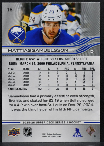 2025-26 UD Series 1 UD Exclusives Mattias Samuelsson 15 Buffalo Sabres 008/100 9318
