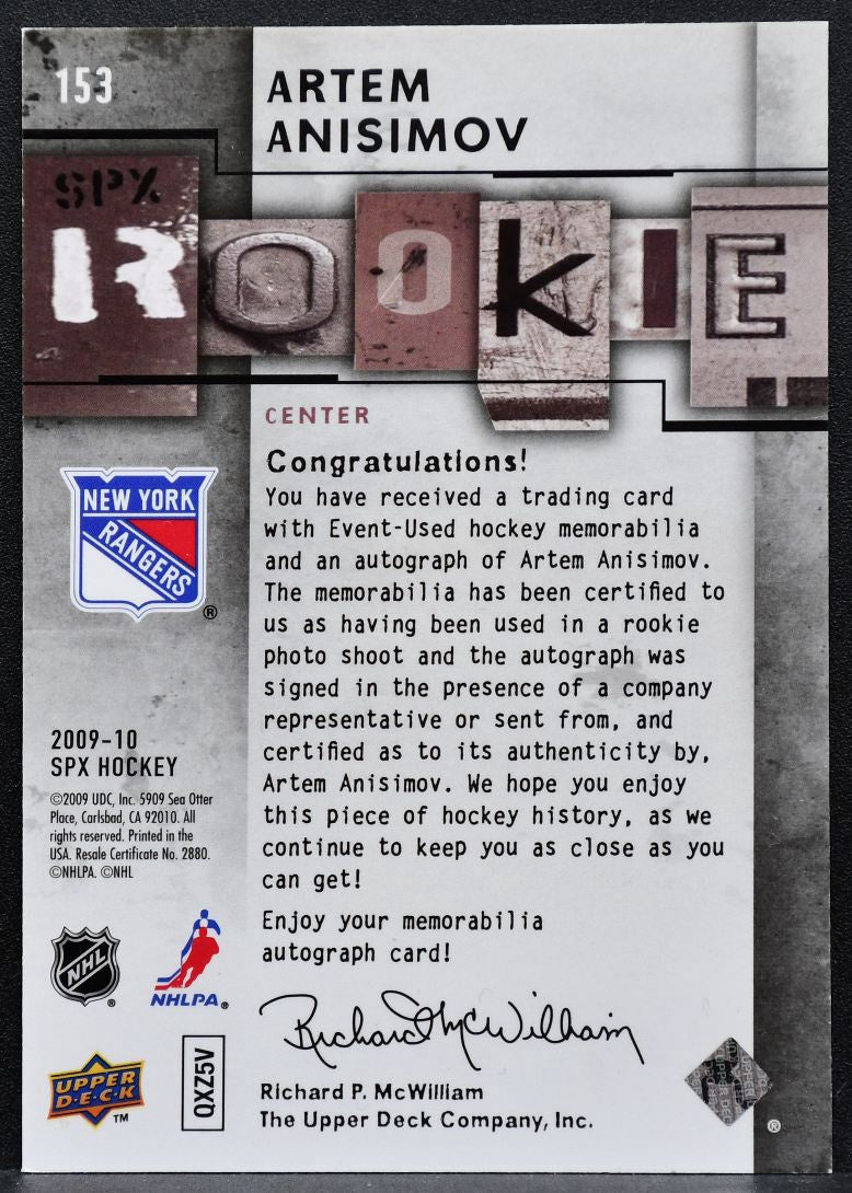 2009-10 SPx Rookie Auto Jersey Artem Anisimov Rangers RC Auto Jersey 4596