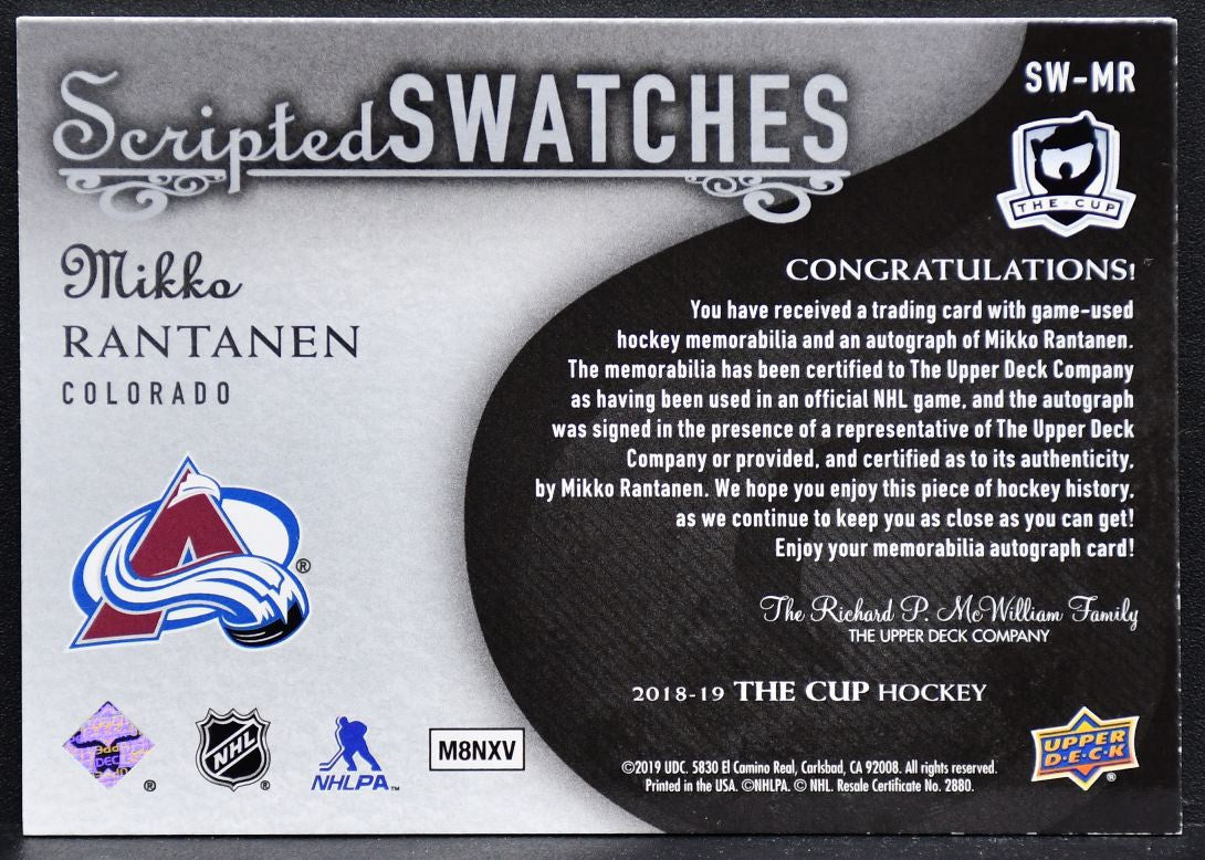 2018-19 UD The Cup Scripted Swatches Mikko Rantanen SW-MR Auto 06/35 Patch