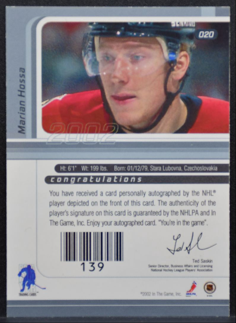 2002-03 In The Game Signature Series Auto Marian Hossa Ottawa Senators Auto 9182