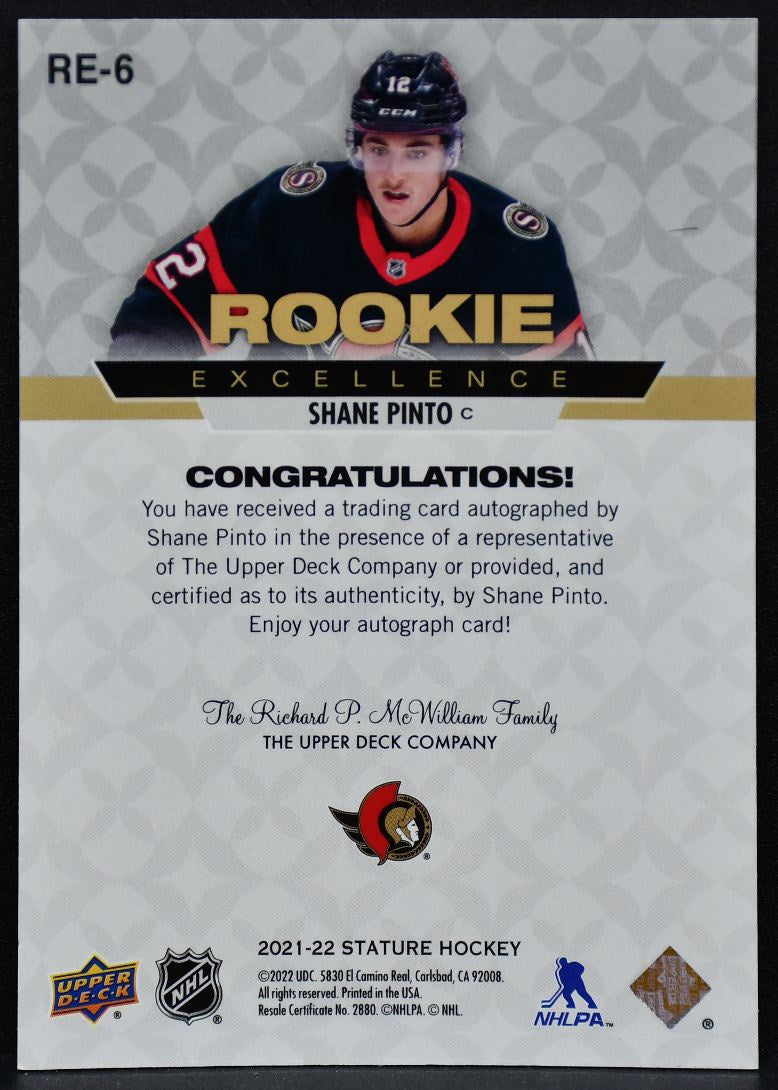 2021-22 UD Stature RC Excellence Auto Shane Pinto RE-6 Senators RC Auto 5354