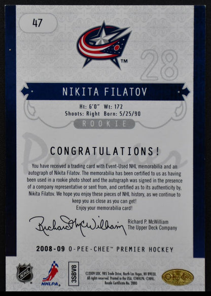 2008-09 OPC Premier Jersey Filatov 47 Blue Jackets RC Auto 199/299 Jersey 0300