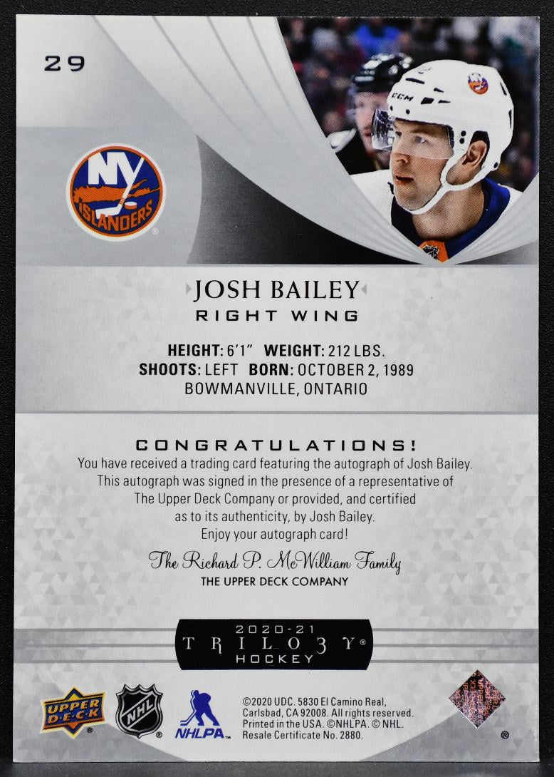 2020-21 UD Trilogy Silver Foil Autographs Josh Bailey 29 Islanders Auto 5906