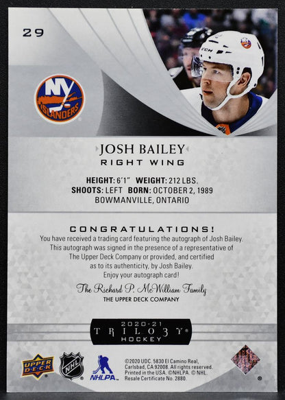 2020-21 UD Trilogy Silver Foil Autographs Josh Bailey 29 Islanders Auto 5906