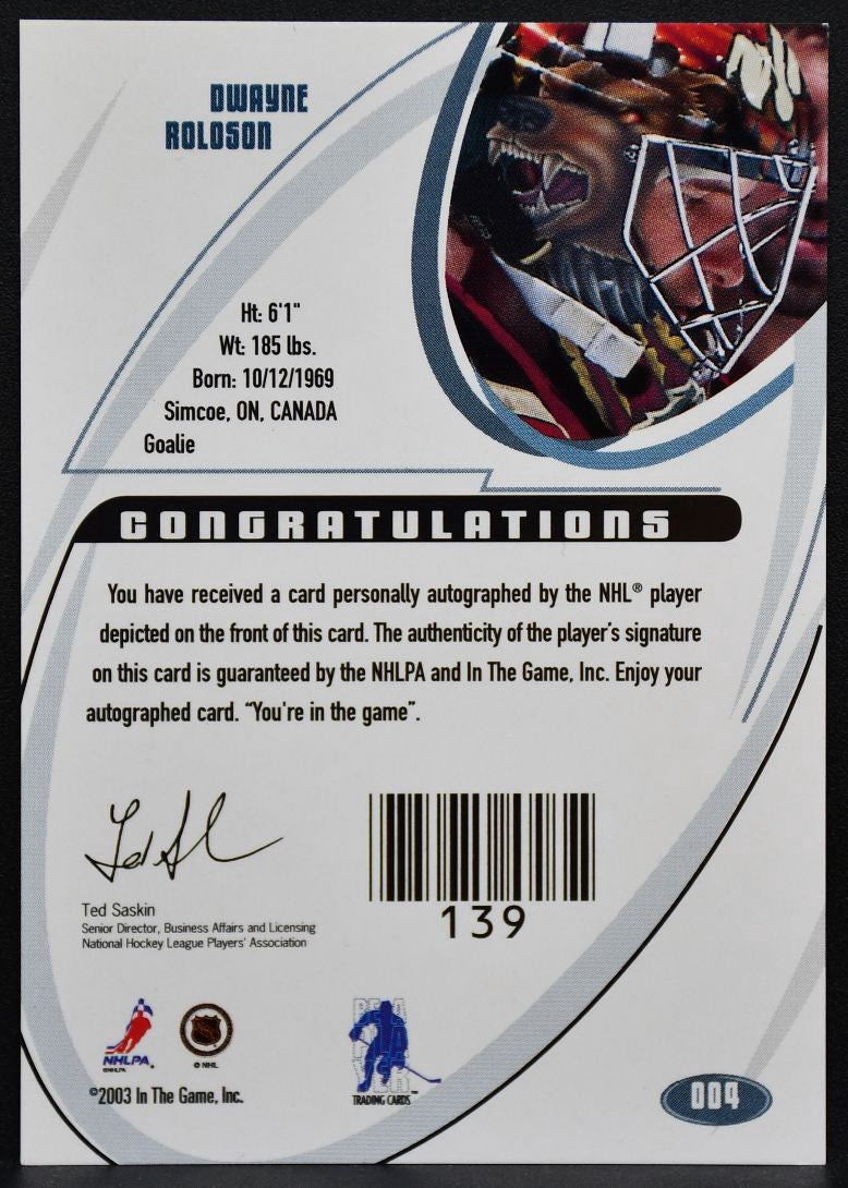 2002-03 Be a Player Signature Series Auto Dwayne Roloson 004 Wild Auto 9192