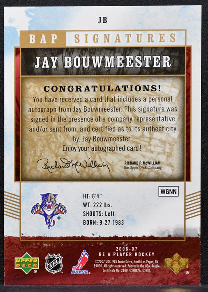2006-07 Be A Player Signatures Jay Bouwmeester JB Florida Panthers Auto 0934