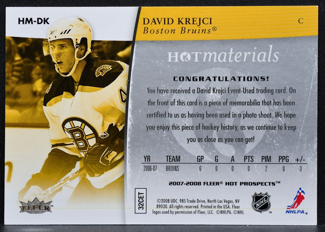 2007-08 Fleer Hot Prospects Materials David Krejci HM-DK Bruins Jersey 4671