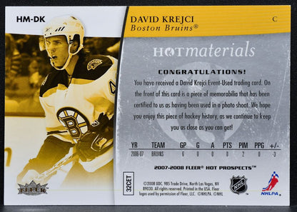 2007-08 Fleer Hot Prospects Materials David Krejci HM-DK Bruins Jersey 4671