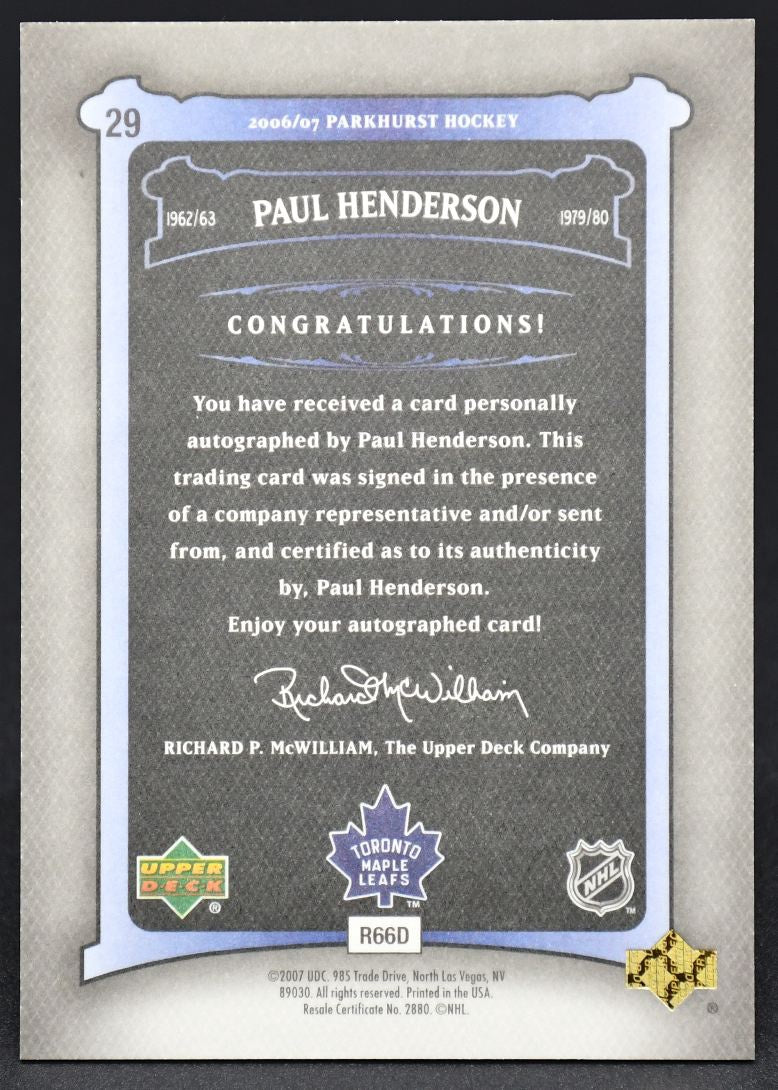 2006-07 UD Parkhurst Auto Paul Henderson 29 Auto