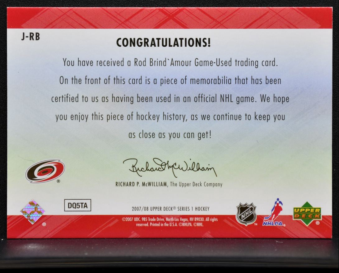 2007-08 Upper Deck Series 1 Game Jerseys Rod Brind'Amour Hurricanes Jersey 1075