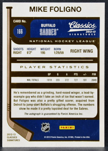 2012-13 Panini Classics Signatures Foligno 166 Buffalo Sabres Auto 0997