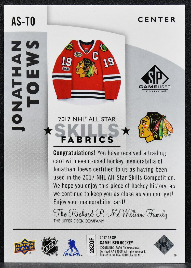 2017-18 SP Game Used 2017 NHL All-Star Skills Fabrics Jonathan Toews Jersey 9491