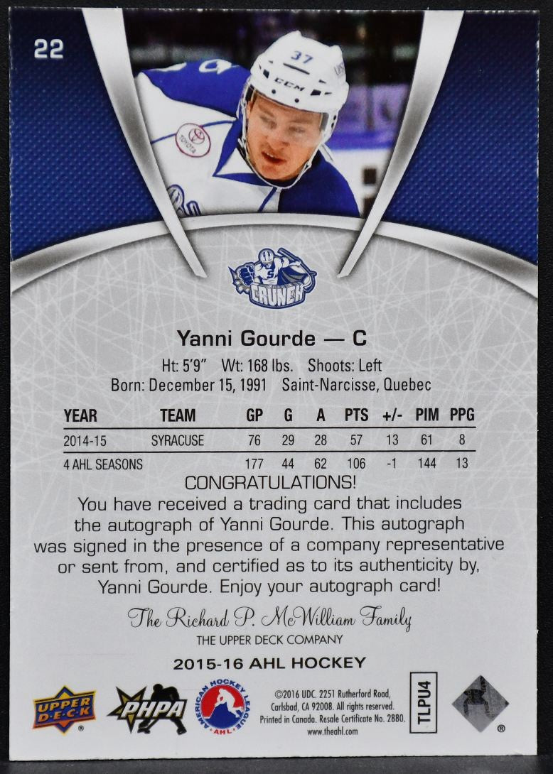 2015-16 UD AHL Autographs Yanni Gourde 22 Syracuse Crunch Auto