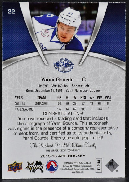 2015-16 UD AHL Autographs Yanni Gourde 22 Syracuse Crunch Auto