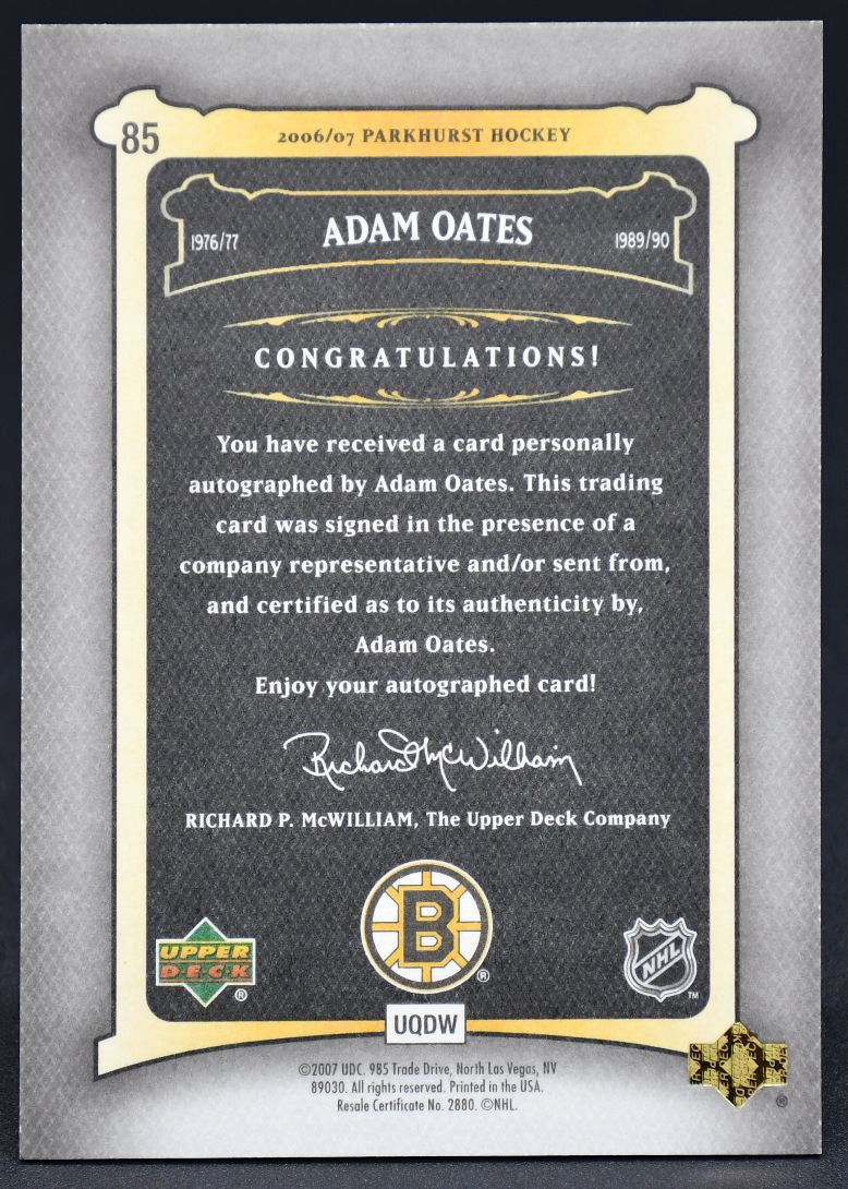 2006-07 UD Parkhurst Auto Adam Oates 85 Auto