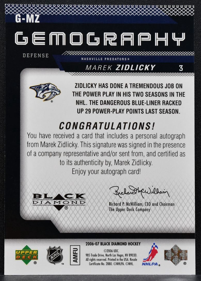 2006-07 Upper Deck Black Diamond Gemography Marek Zidlicky Predators Auto 9372