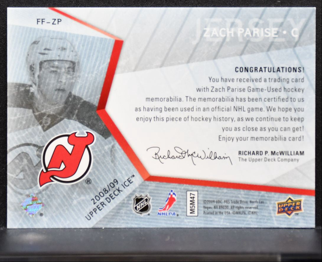 2008-09 Upper Deck Ice Frozen Fabrics Zach Parise New Jersey Devils Jersey 1984