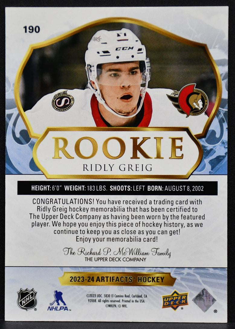 2023-24 UD Rookie Jersey Ridly Greig 190 Ottawa Senators RC 019/599 Jersey 3316