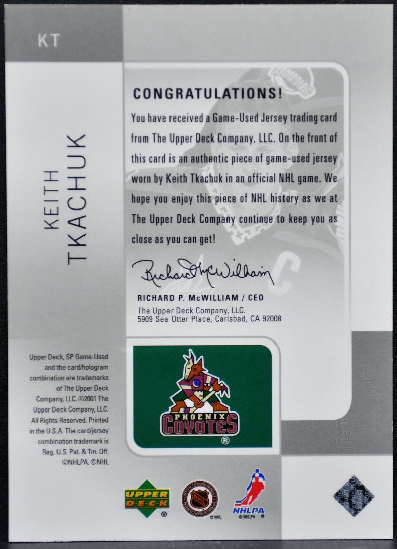 2001-02 SP Game Used Tools of the Game Jersey Keith Tkachuk Coyotes Jersey 2614