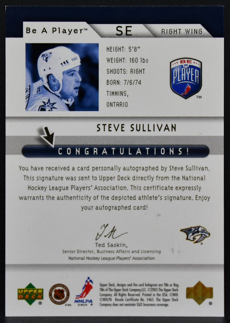 2005-06 Upper Deck Be a Player Signatures Steve Sullivan SE Predators Auto 8706