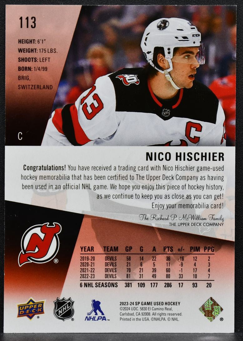 2023-24 SP Game Used Red Jersey Nico Hischier 113 New Jersey Devils Jersey 7468