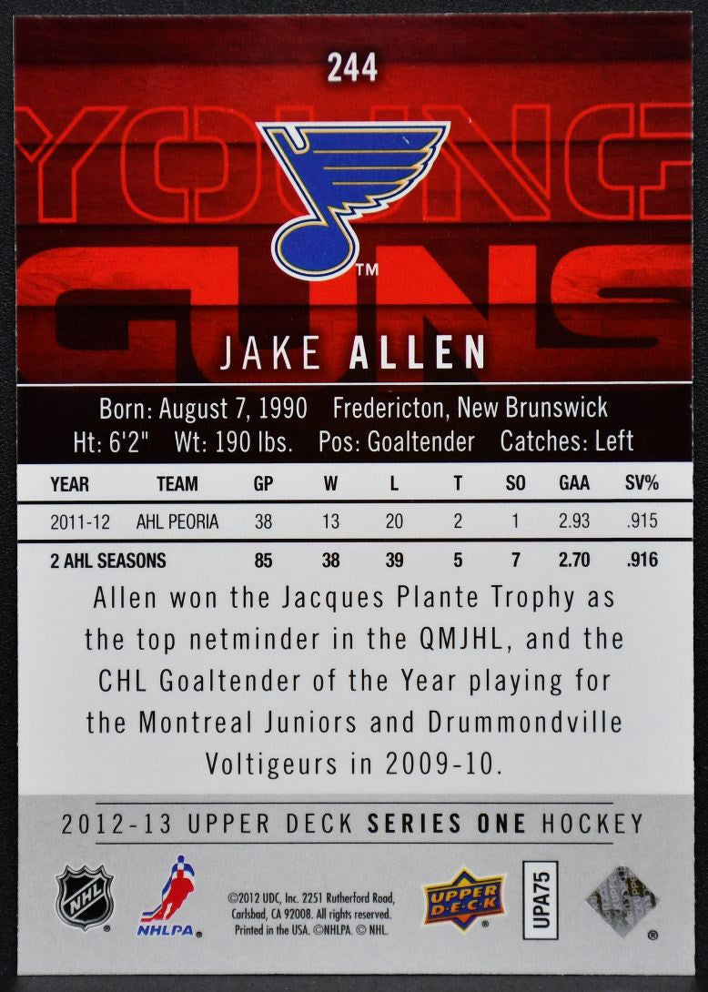 2012-13 Upper Deck Series 1 Young Guns Jake Allen 244 St. Louis Blues RC 5876