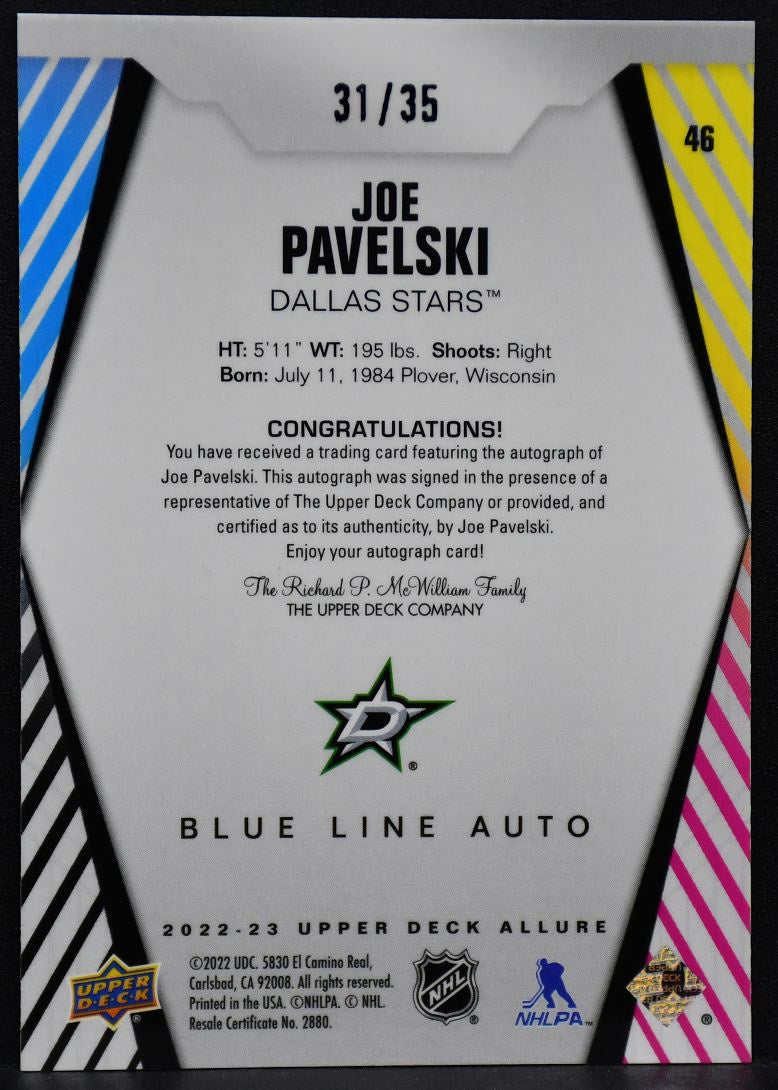2022-23 UD Allure Blue Line Auto Joe Pavelski 46 Dallas Stars Auto 31/35