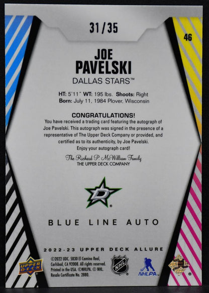 2022-23 UD Allure Blue Line Auto Joe Pavelski 46 Dallas Stars Auto 31/35