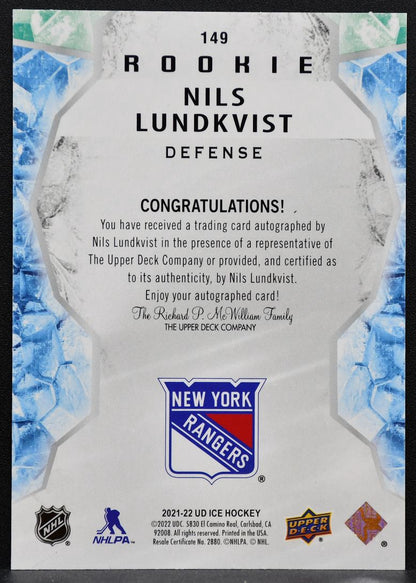 2021-22 UD Ice Rookie Autographs White Snowflake Nils Lundkvist RC Auto 1551