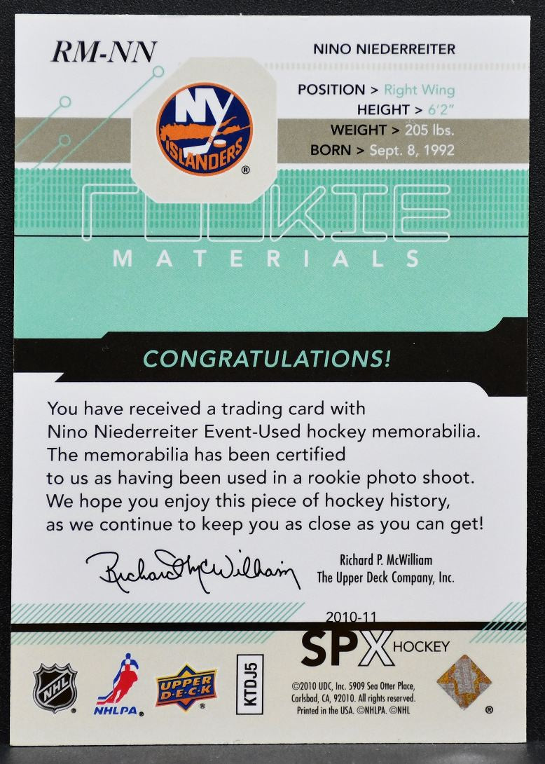 2010-11 SPx Rookie Materials Nino Niederreiter RM-NN Islanders RC Jersey 0301