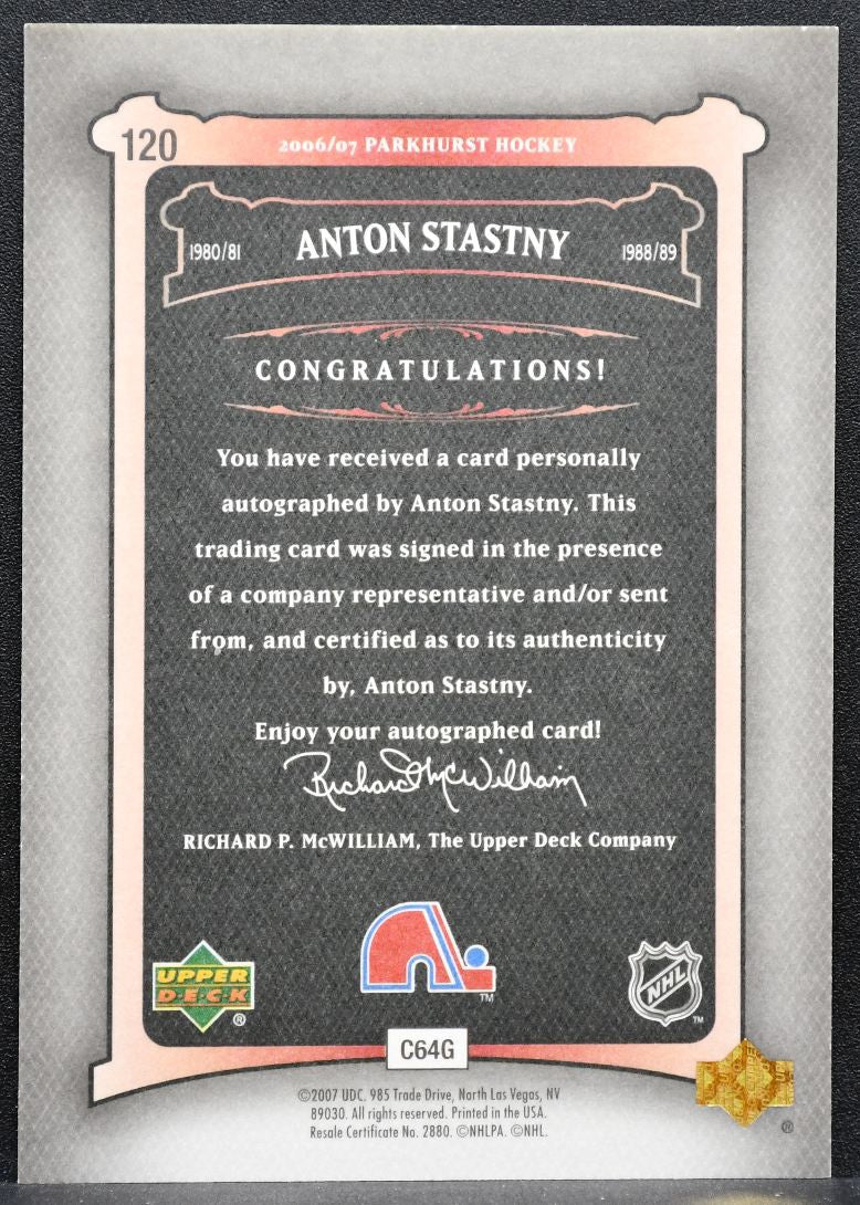 2006-07 Upper Deck Parkhurst Auto Anton Stastny 120 Quebec Nordiques Auto 6946