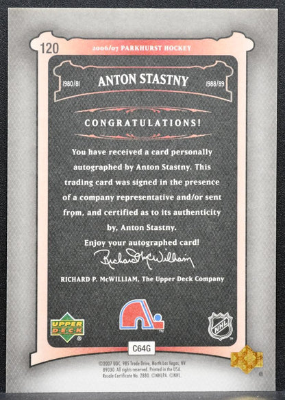 2006-07 Upper Deck Parkhurst Auto Anton Stastny 120 Quebec Nordiques Auto 6946