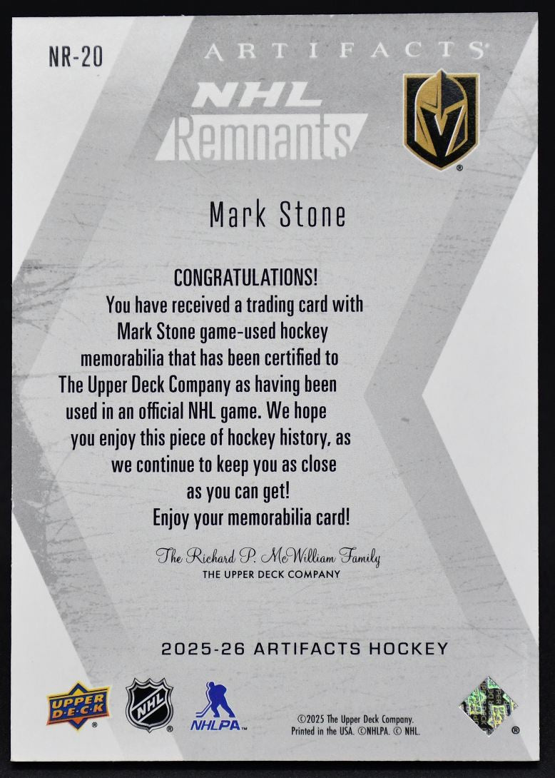 2025-26 UD Artifacts NHL Remnants Mark Stone NR-20 Jersey