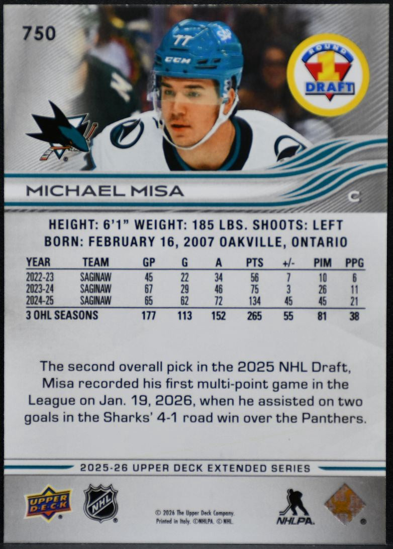 2025-26 UD Extended Series Round 1 Draft Michael Misa 750 Sharks RC 6871