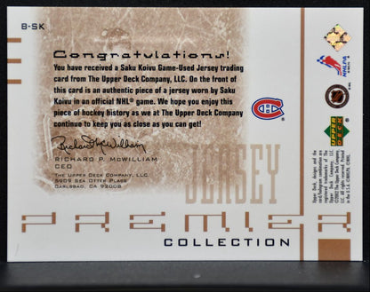 2001-02 UD Premier Collection Jersey Bronze Saku Koivu Canadiens Jersey 3499