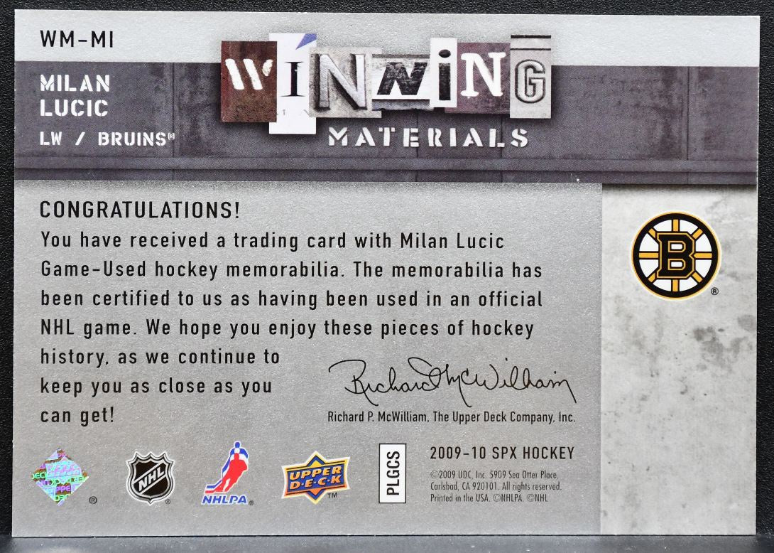 2009-10 SPx Winning Materials Milan Lucic WM-MI Boston Bruins Jersey 6373