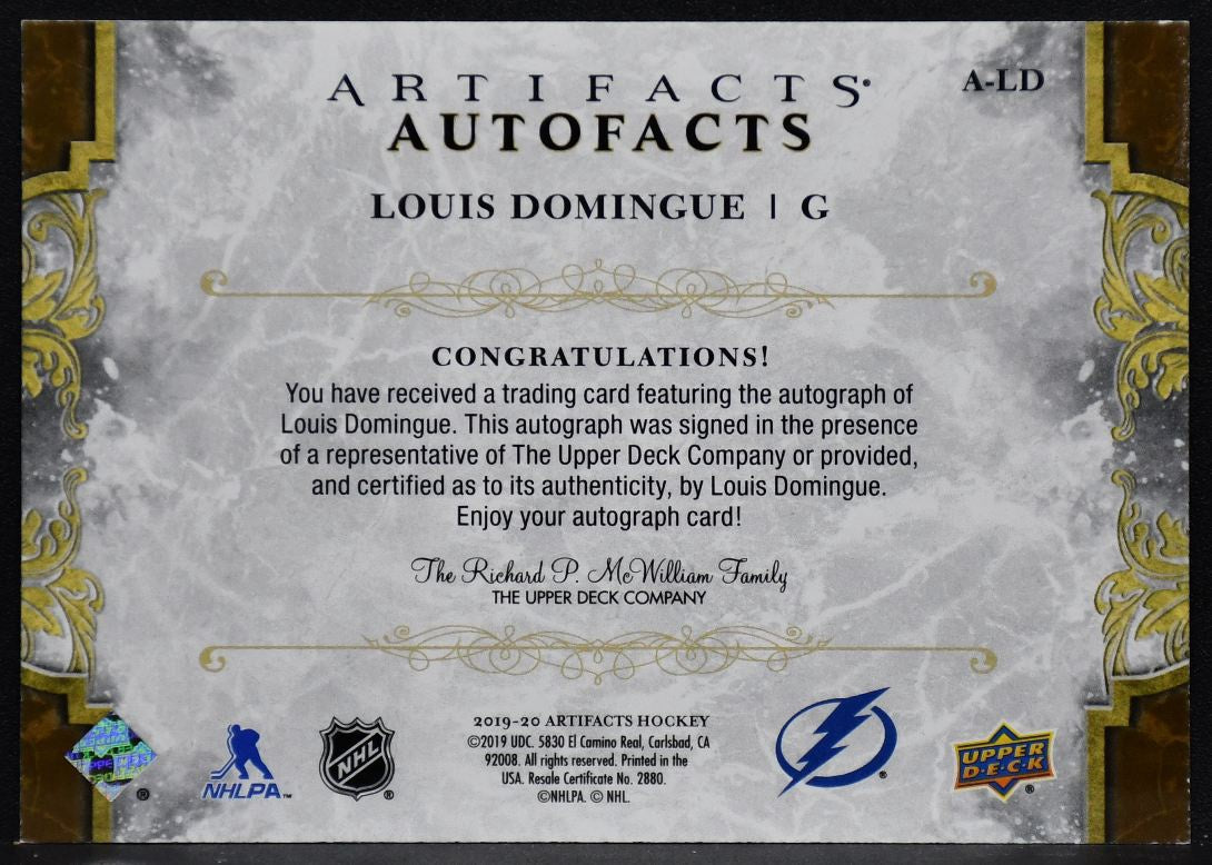 2019-20 Upper Deck Artifacts Auto Facts Louis Domingue A-LD Auto 3207