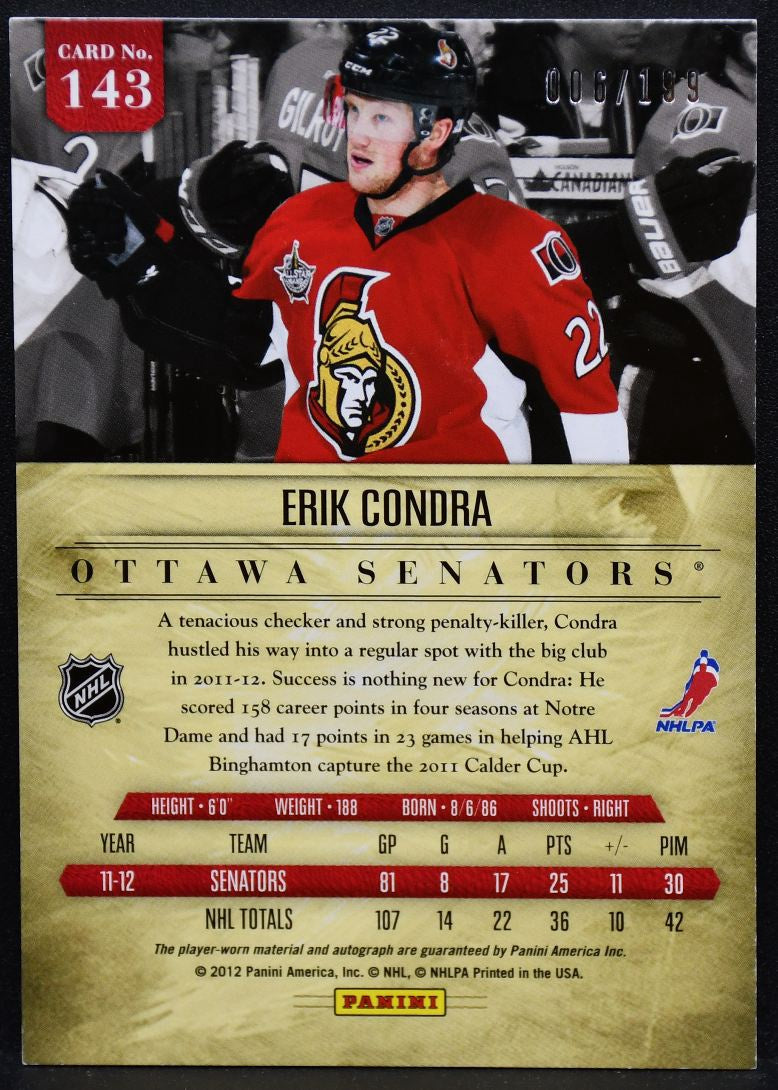 2011-12 Panini Prime RC Jersey Erik Condra 143 Senators RC Auto 006/199 6276