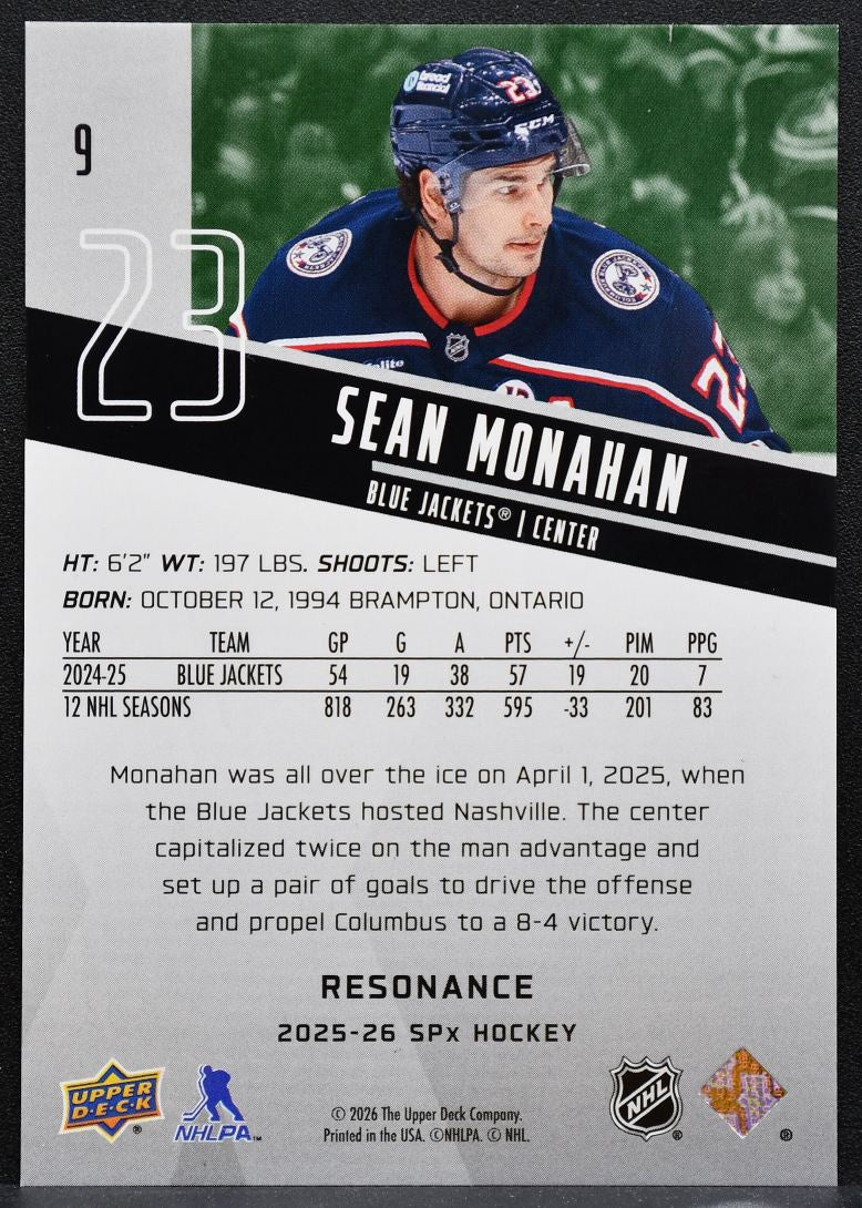 2025-26 SPx Resonance Sean Monahan 9 Columbus Blue Jackets 104/150 8204