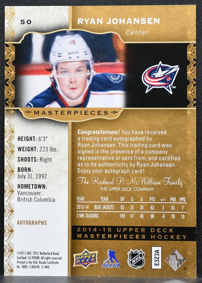 2014-15 Upper Deck Masterpieces Autographs Ryan Johansen Blue Jackets Auto 8597
