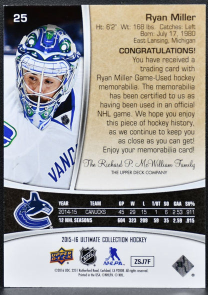 2015-16 UD Ultimate Collection Jersey Ryan Miller 25 /199 Jersey 1588