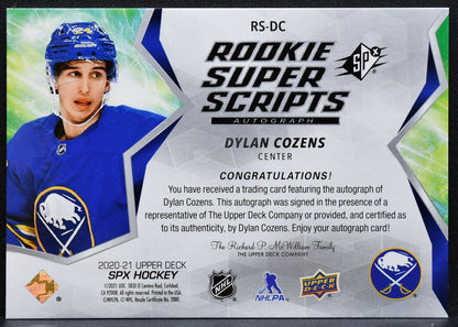 2020-21 SPx Rookie Superscripts Auto Dylan Cozens RS-DC Sabres RC Auto 8136