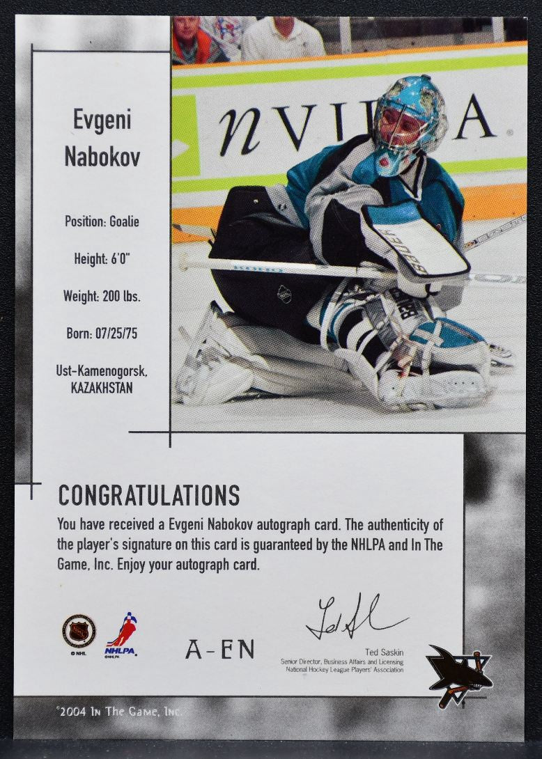 2004-05 In The Game Used Signature Series Evgeni Nabokov A-EN Sharks Auto 8933