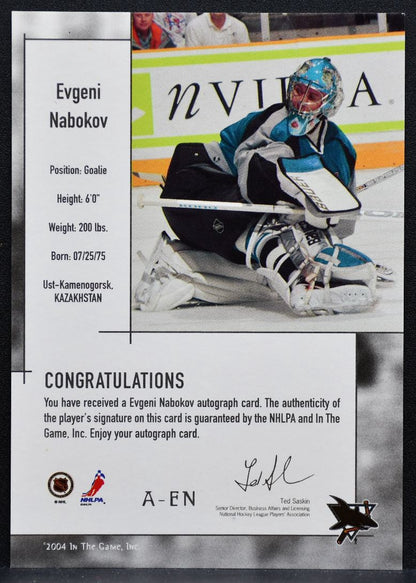 2004-05 In The Game Used Signature Series Evgeni Nabokov A-EN Sharks Auto 8933